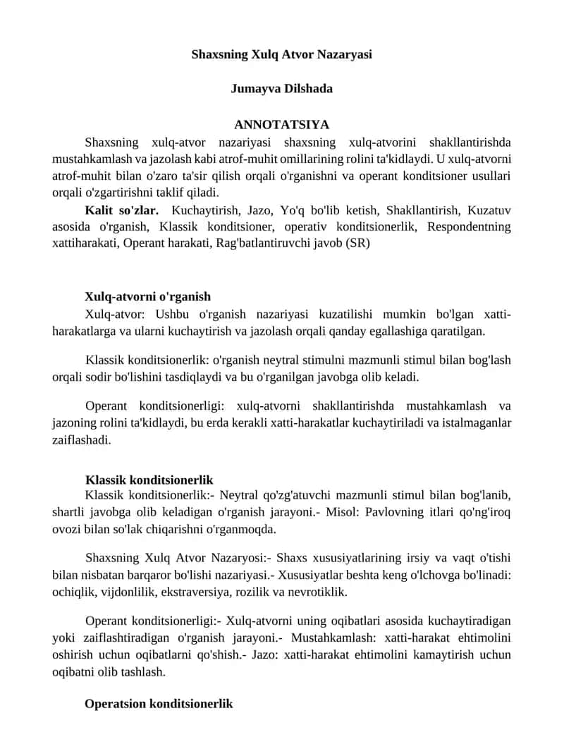 Shaxsning Xulq Atvor Nazaryasi