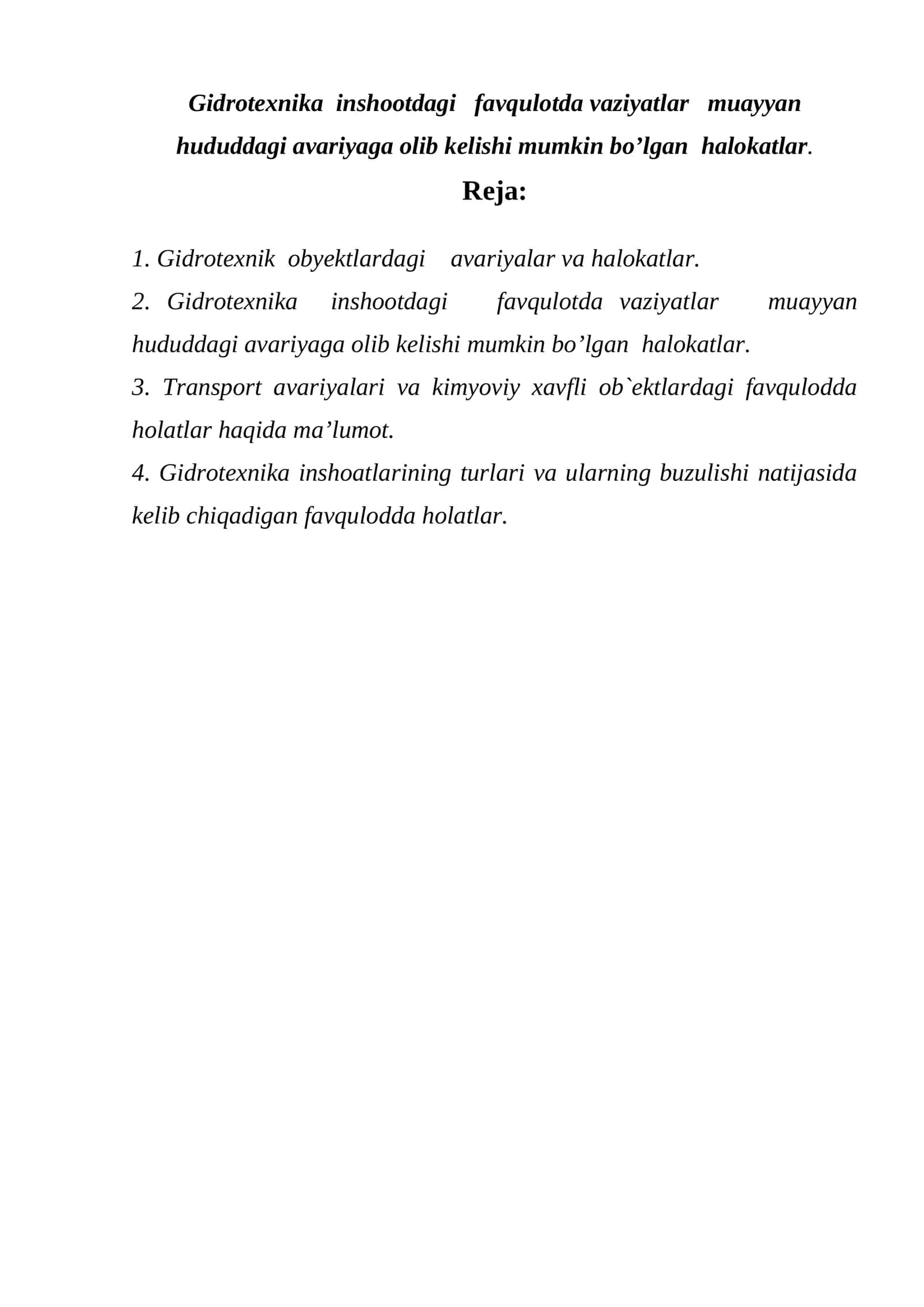 Gidrotexnika inshootdagi favqulotda vaziyatlar