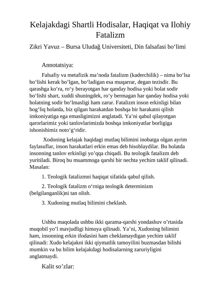 DINSHUNOSLIK: Diniy falsafa. Kelajakdagi Shartli Hodisalar, Haqiqat va Ilohiy Fatalizm
