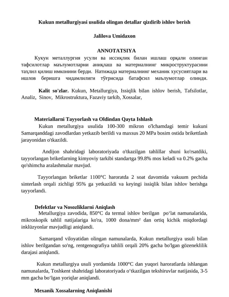 Kukun metallurgiyasi usulida olingan detallar qizdirib ishlov berish