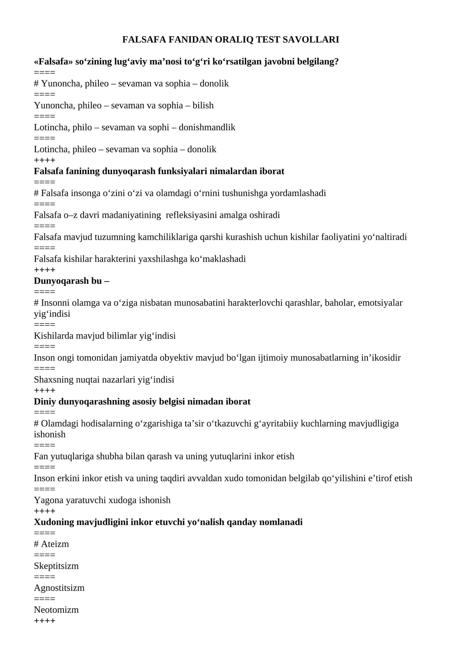 FALSAFA FANIDAN  TEST SAVOLLARI