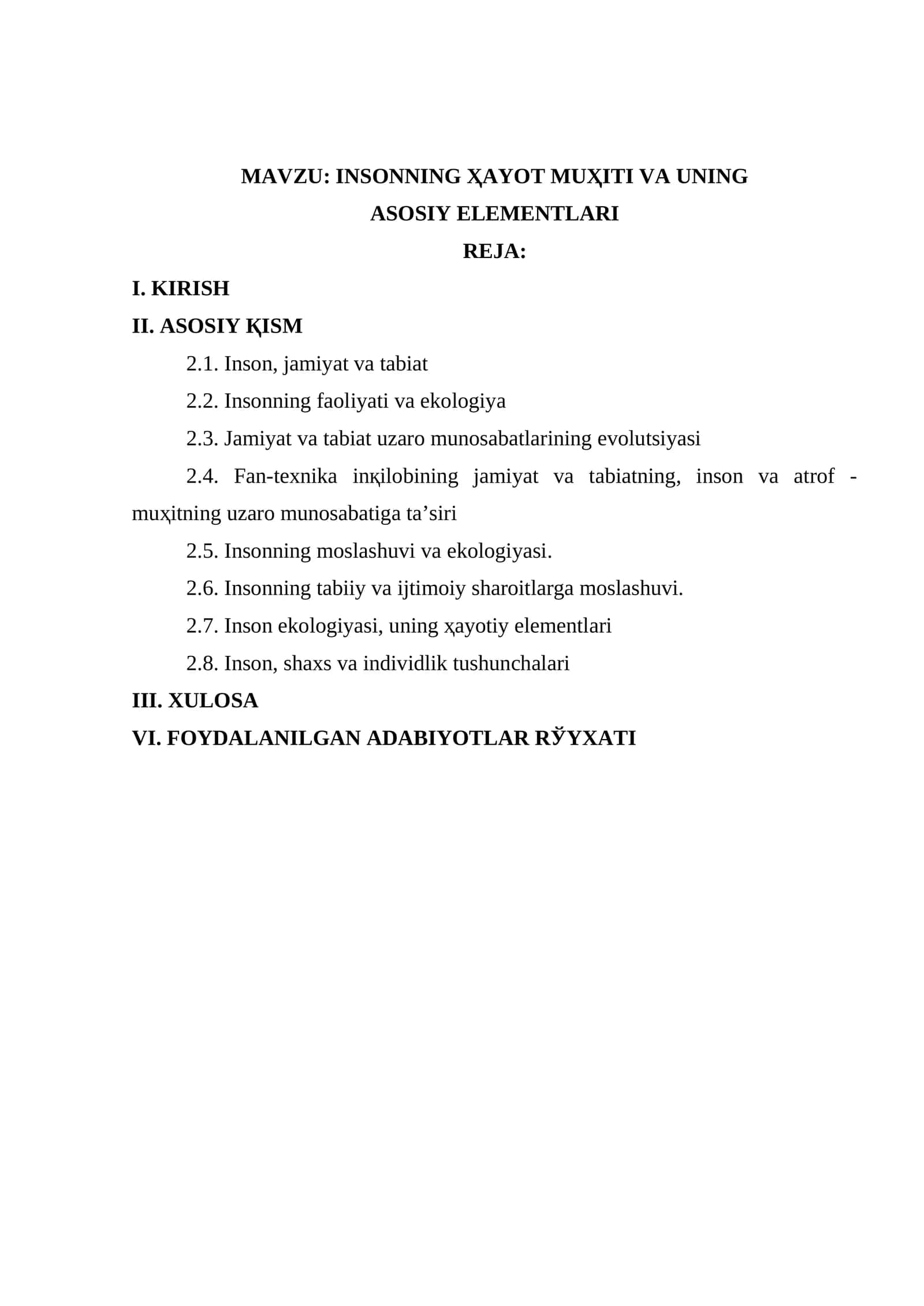 INSОNNING ҲAYOT MUҲITI VA UNING ASОSIY ELЕMЕNTLARI