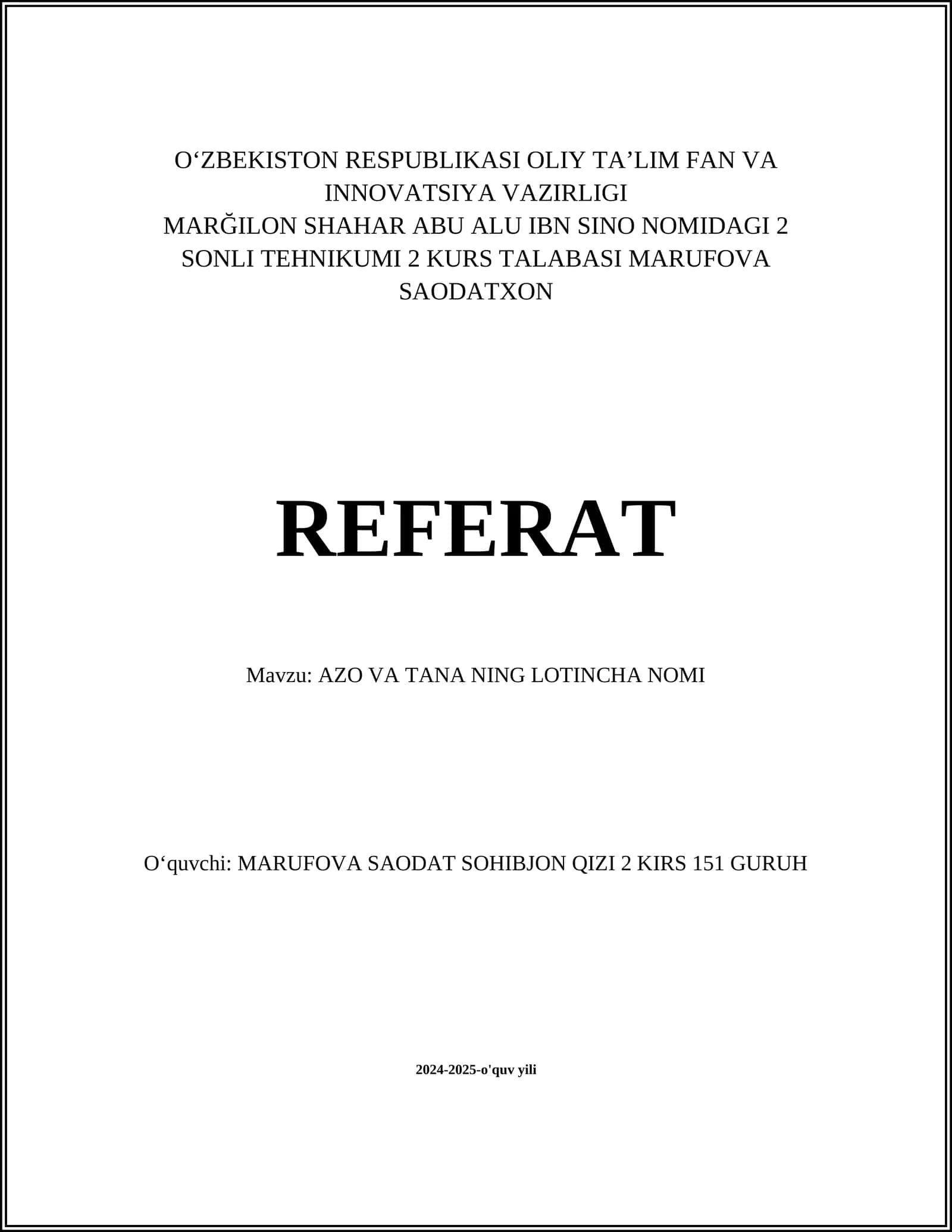 AZO VA TANA NING LOTINCHA NOMI