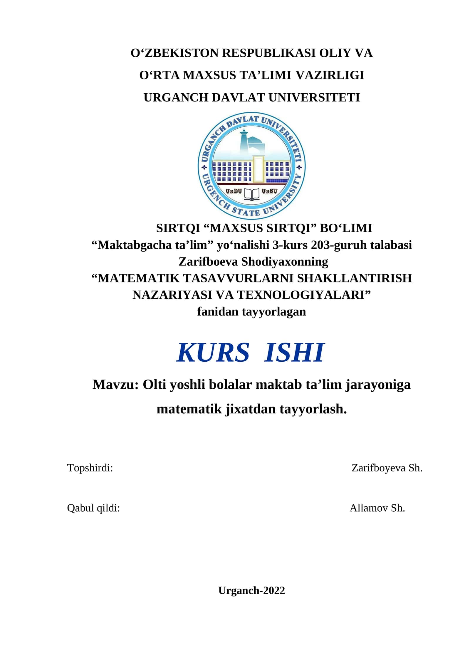 Olti yoshli bolalar maktab ta’lim jarayoniga matematik jixatdan tayyorlash