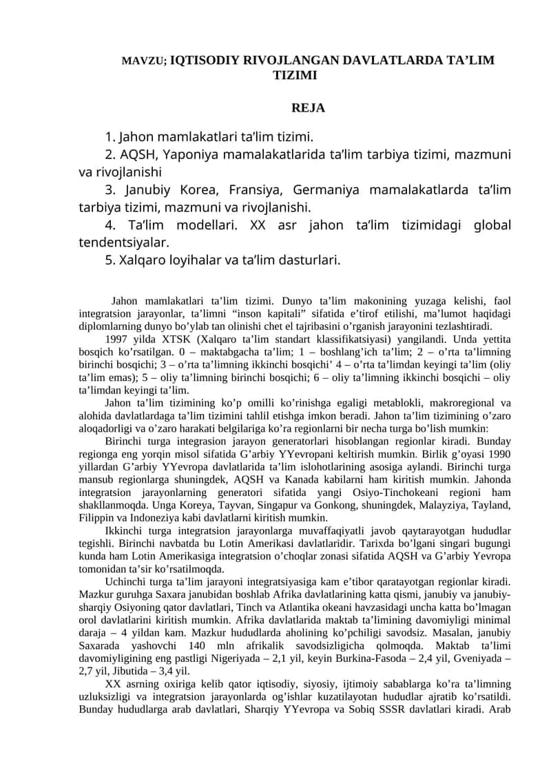 IQTISODIY RIVOJLANGAN DAVLATLARDA TA’LIM TIZIMI
