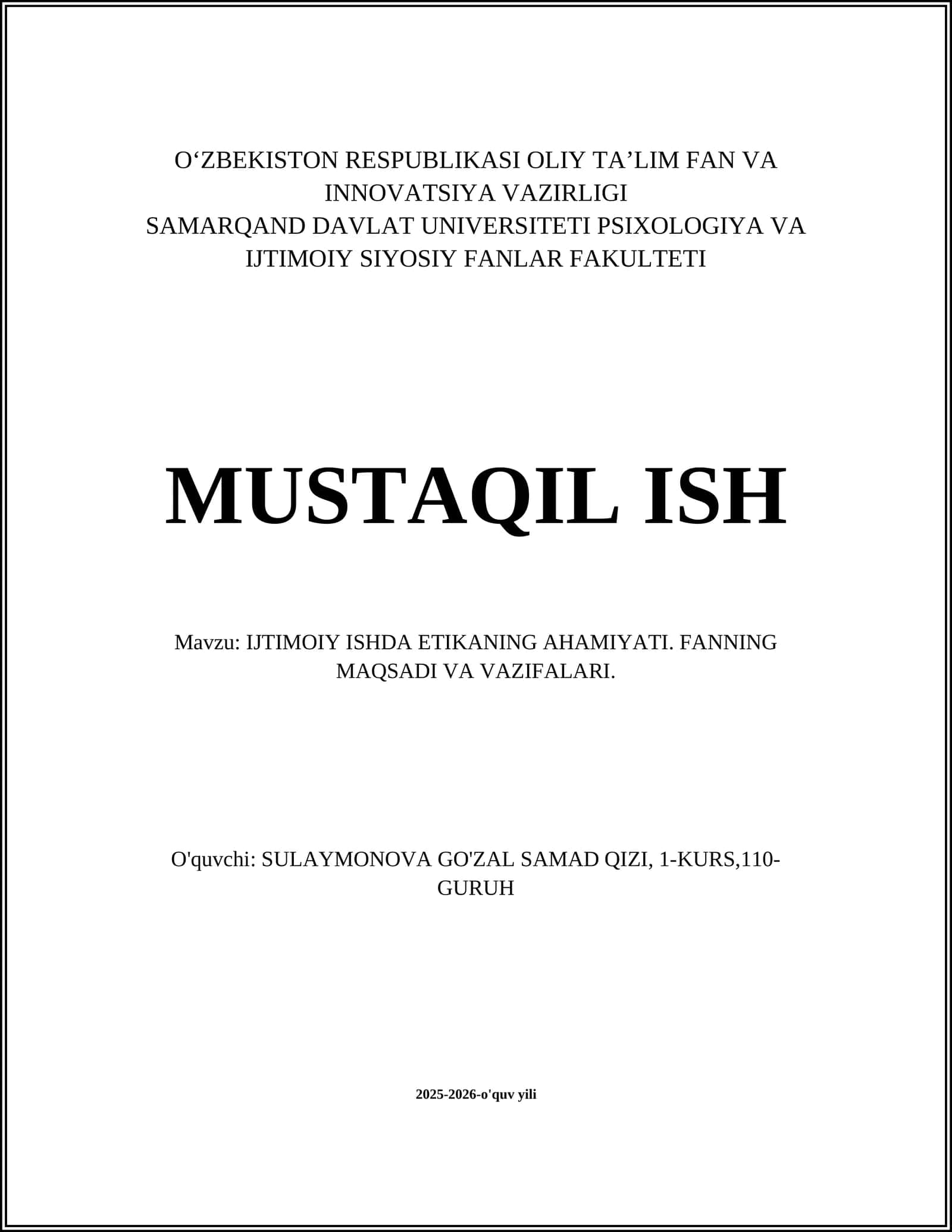 IJTIMOIY ISHDA ETIKANING AHAMIYATI. FANNING MAQSADI VA VAZIFALARI