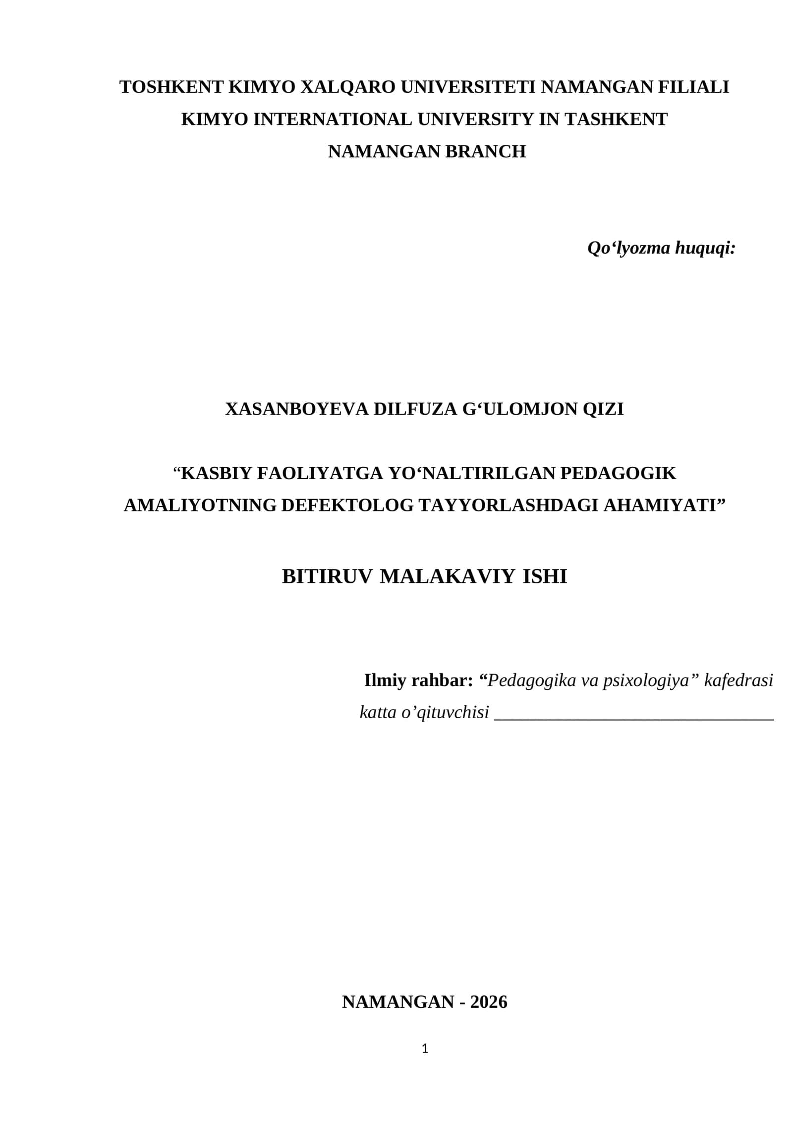 KASBIY FAOLIYATGA YO‘NALTIRILGAN PEDAGOGIK AMALIYOTNING DEFEKTOLOG TAYYORLASHDAGI AHAMIYATI