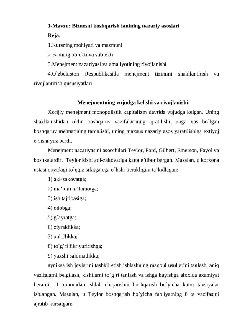 Biznesni boshqarish fanining nazariy asoslari