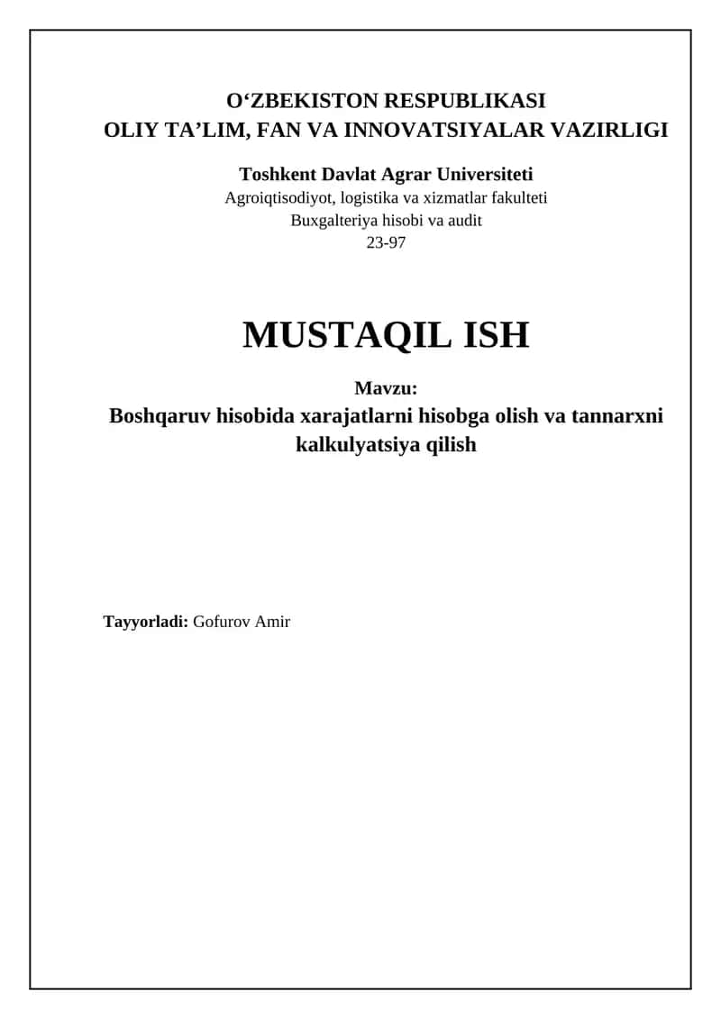 Xarajatlarni hisoblash va boshqarish