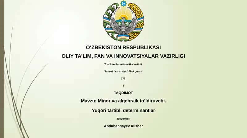 Minor va algebraik to’ldiruvchi