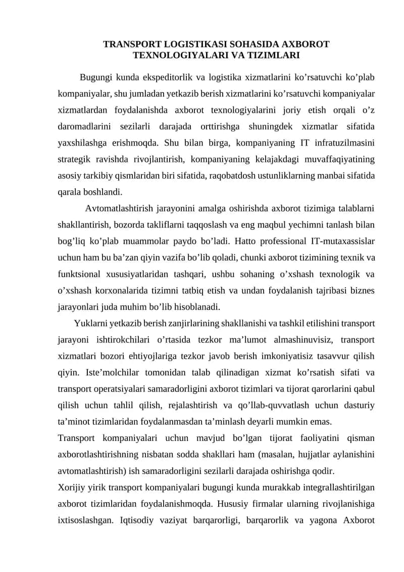 Transport logistikasi sohasida axborot texnologiyalari va tizimlari