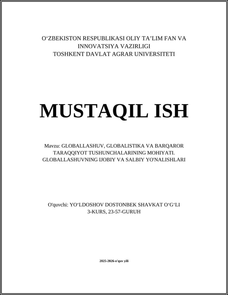 Globallashuv, Globalistika va Barqaror Taraqqiyot Tushunchalari