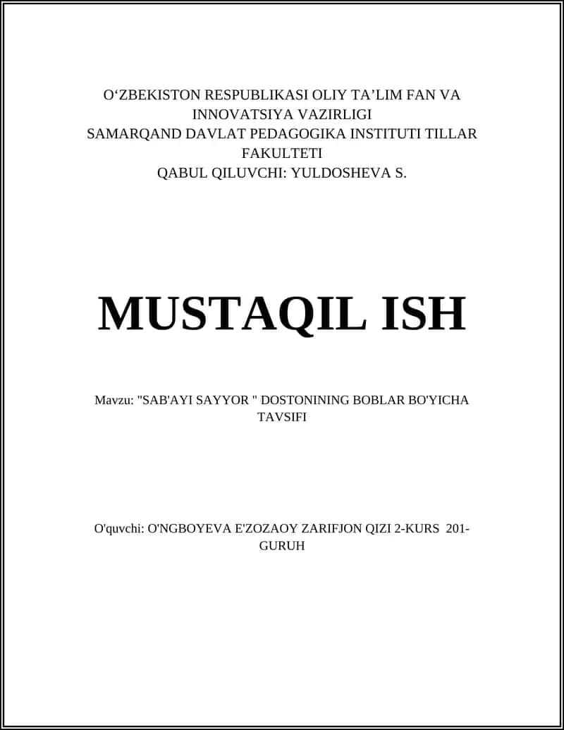 SAB'AYI SAYYOR DOSTONINING BOBLAR BO'YICHA TAVSIFI