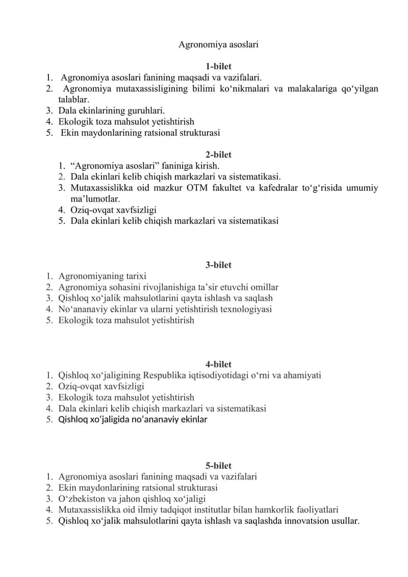 Agronomiya asoslari fanidan tayyorlanish uchun biletlar