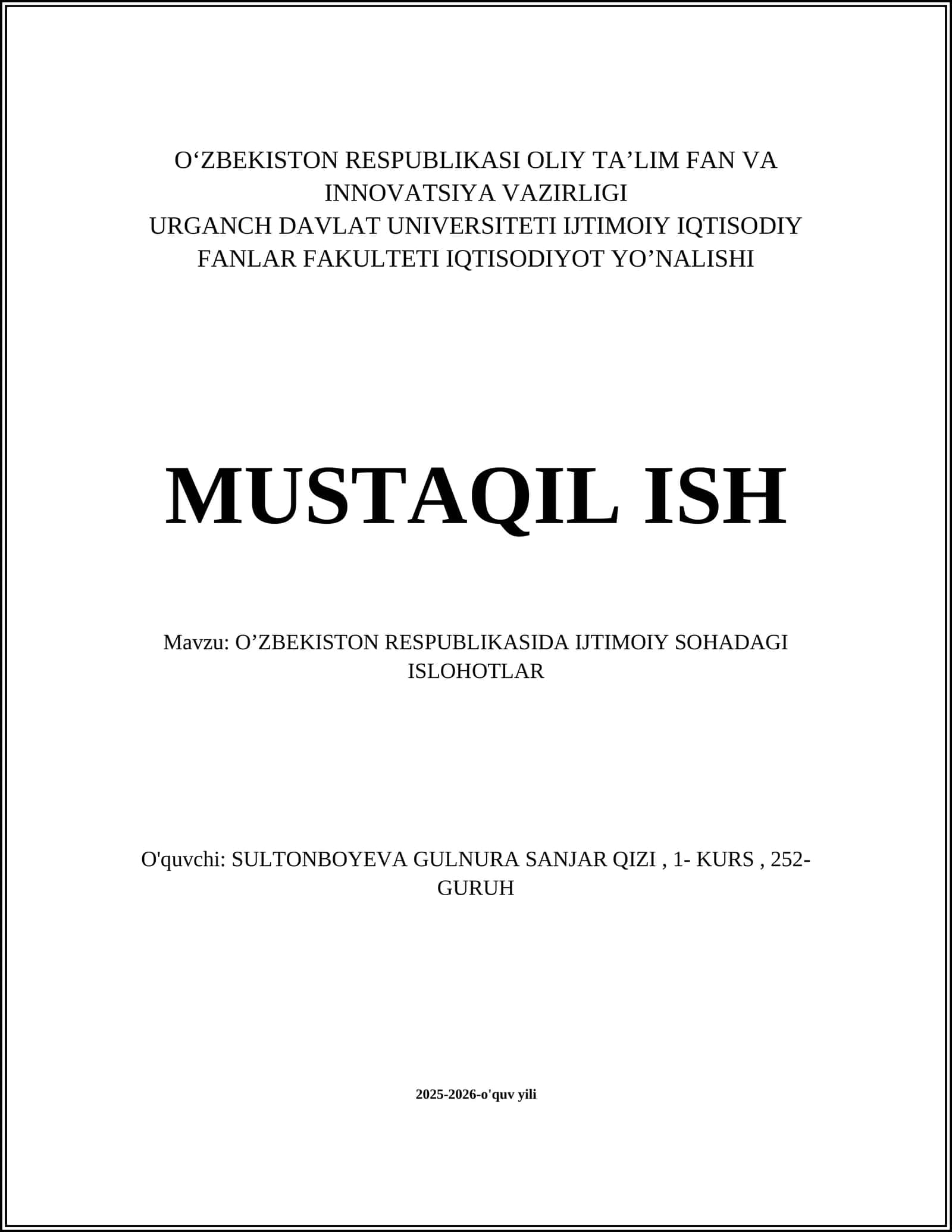 O’ZBEKISTON RESPUBLIKASIDA IJTIMOIY SOHADAGI ISLOHOTLAR