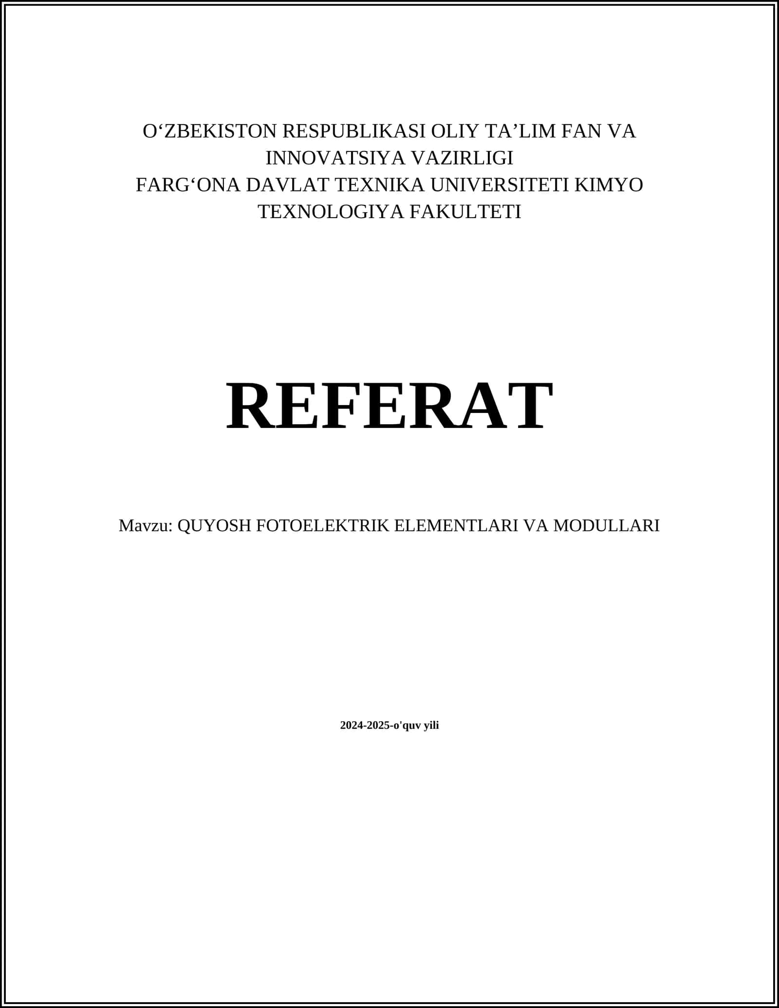 QUYOSH FOTOELEKTRIK ELEMENTLARI VA MODULLARI