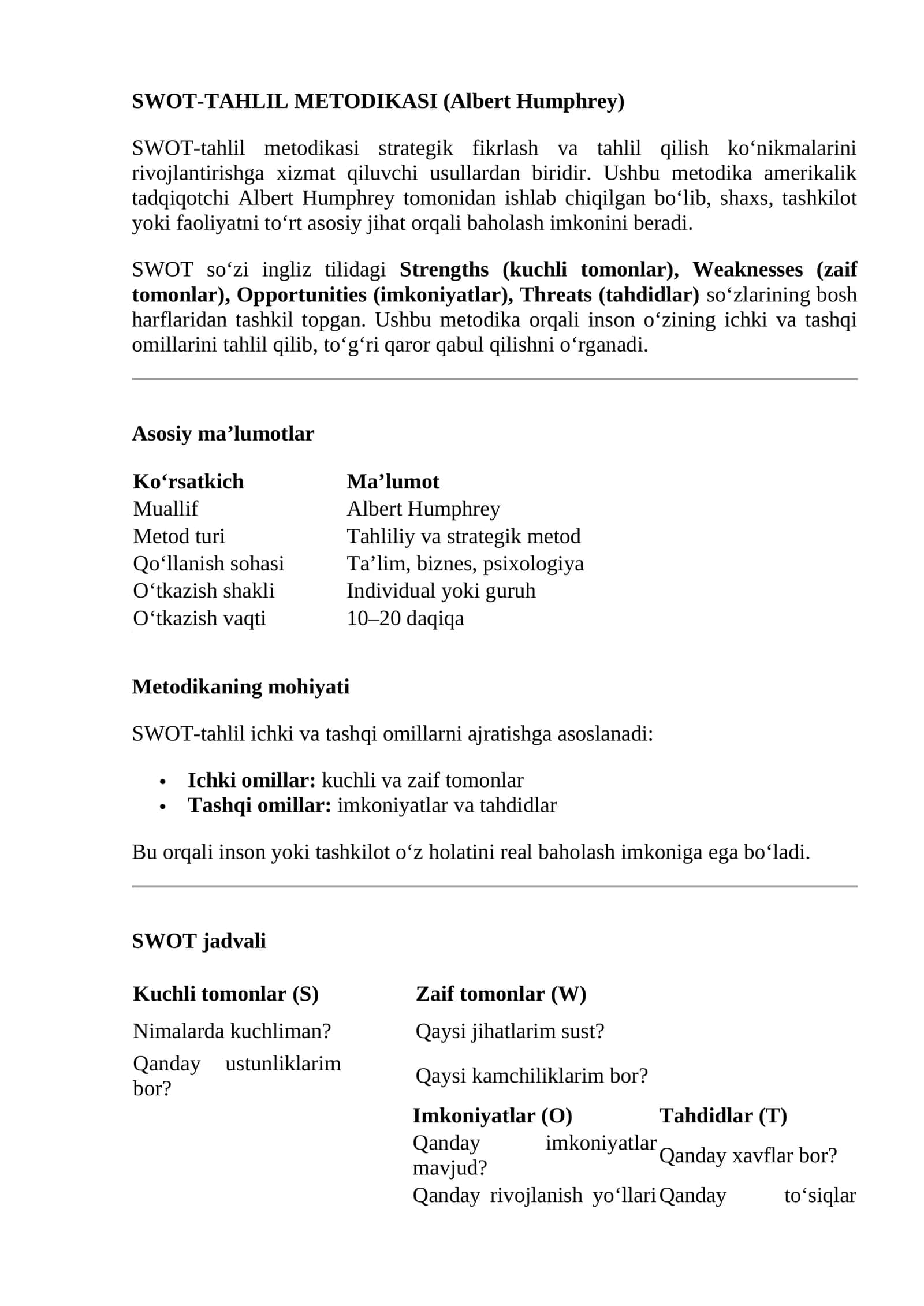 SWOT-TAHLIL METODIKASI