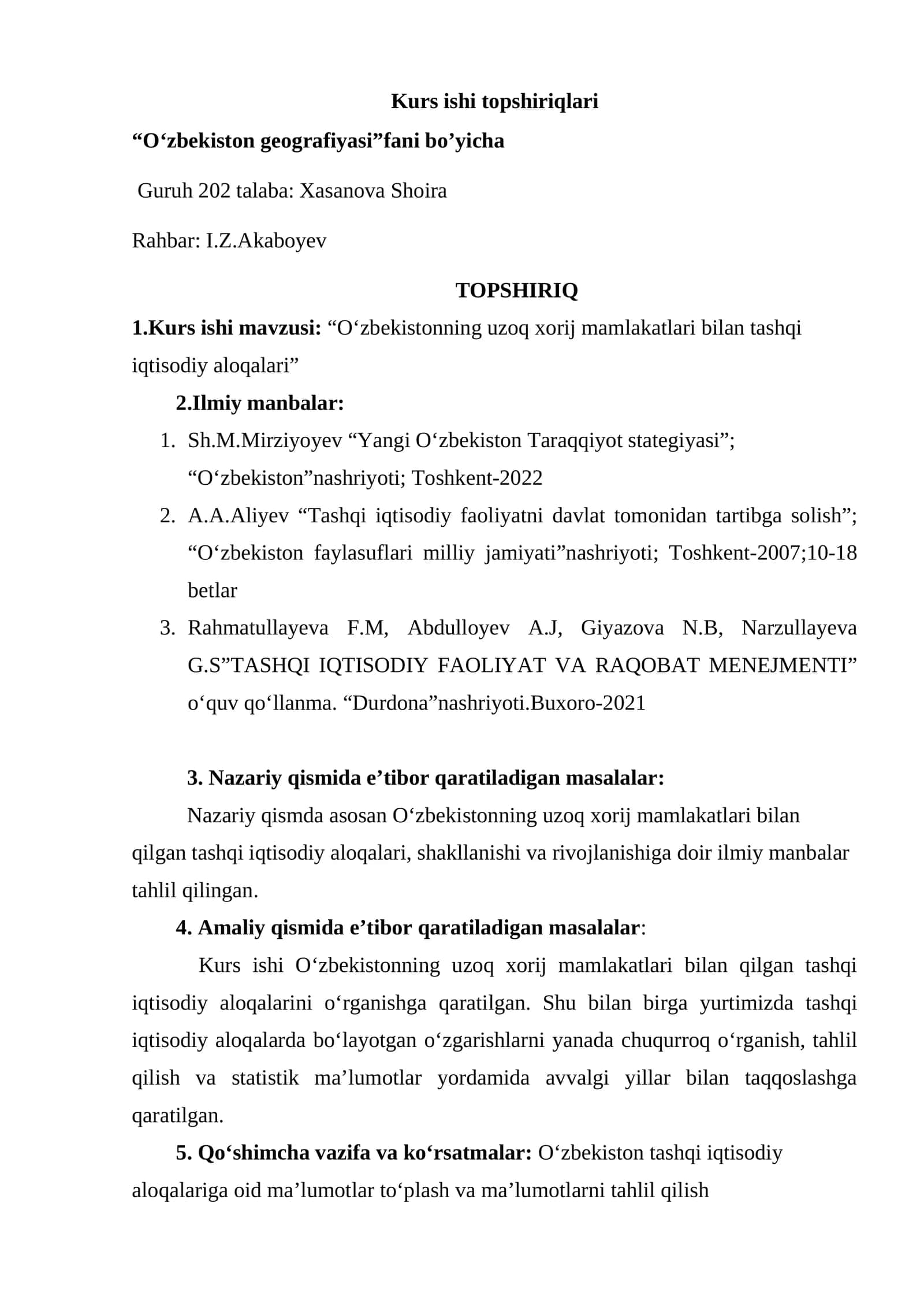 O'zbekiston geografiyasi. Kurs ishi topshiriqlari