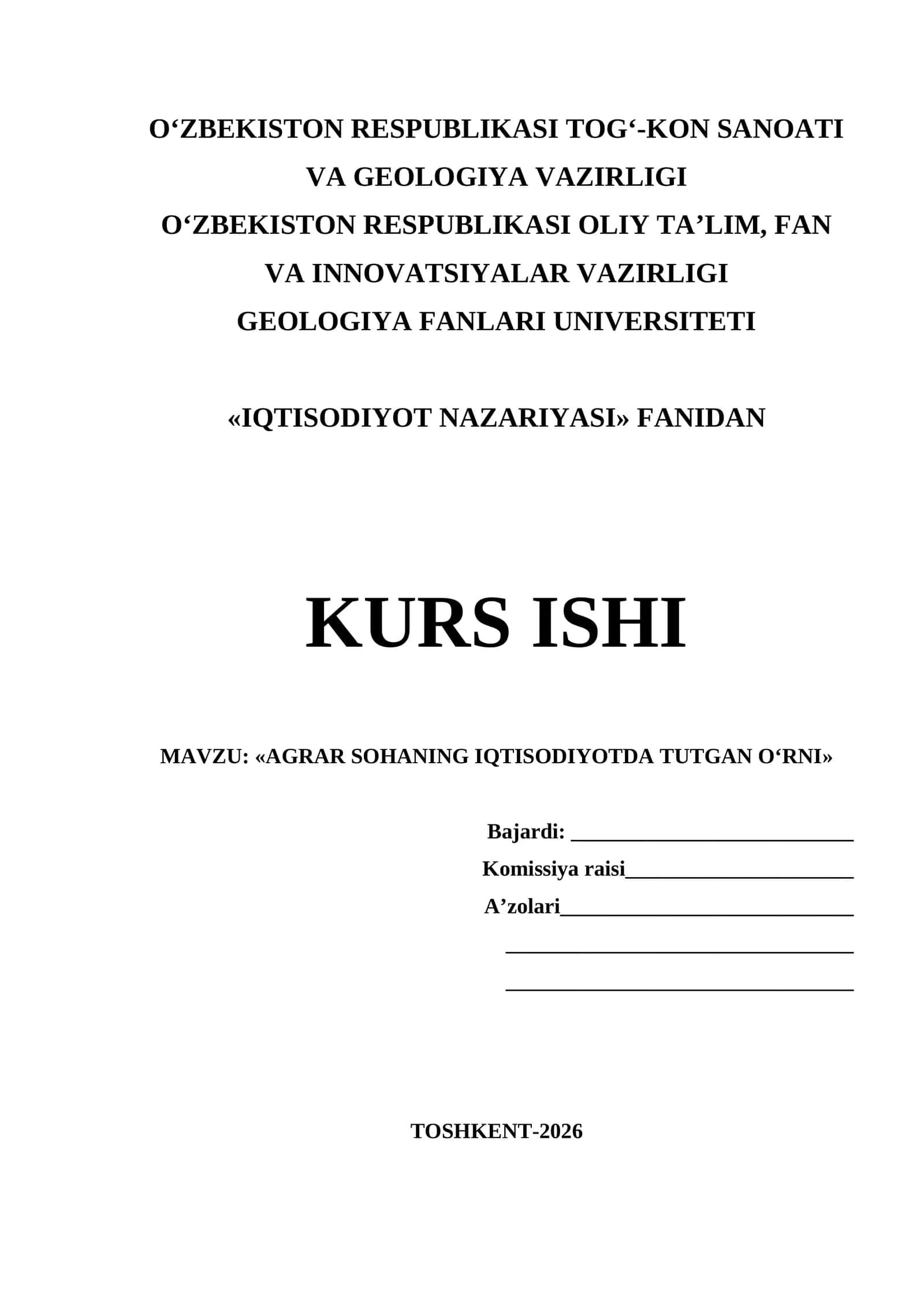AGRAR SOHANING IQTISODIYOTDA TUTGAN O‘RNI     kurs ishi