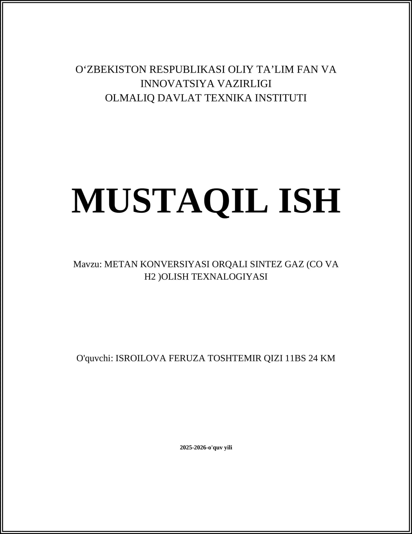 METAN KONVERSIYASI ORQALI SINTEZ GAZ (CO VA H2 )OLISH TEXNALOGIYASI