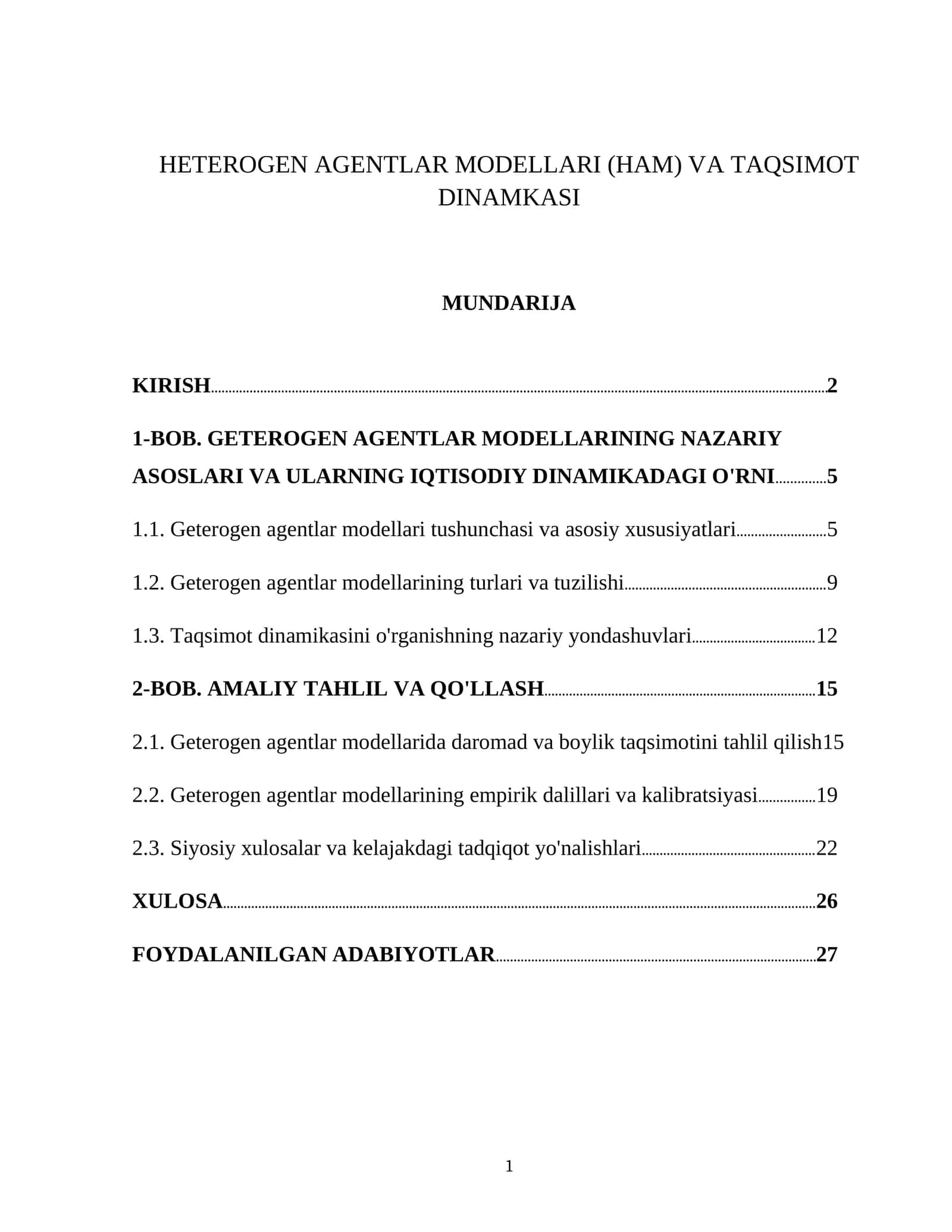 HETEROGEN AGENTLAR MODELLARI (HAM) VA TAQSIMOT DINAMKASI