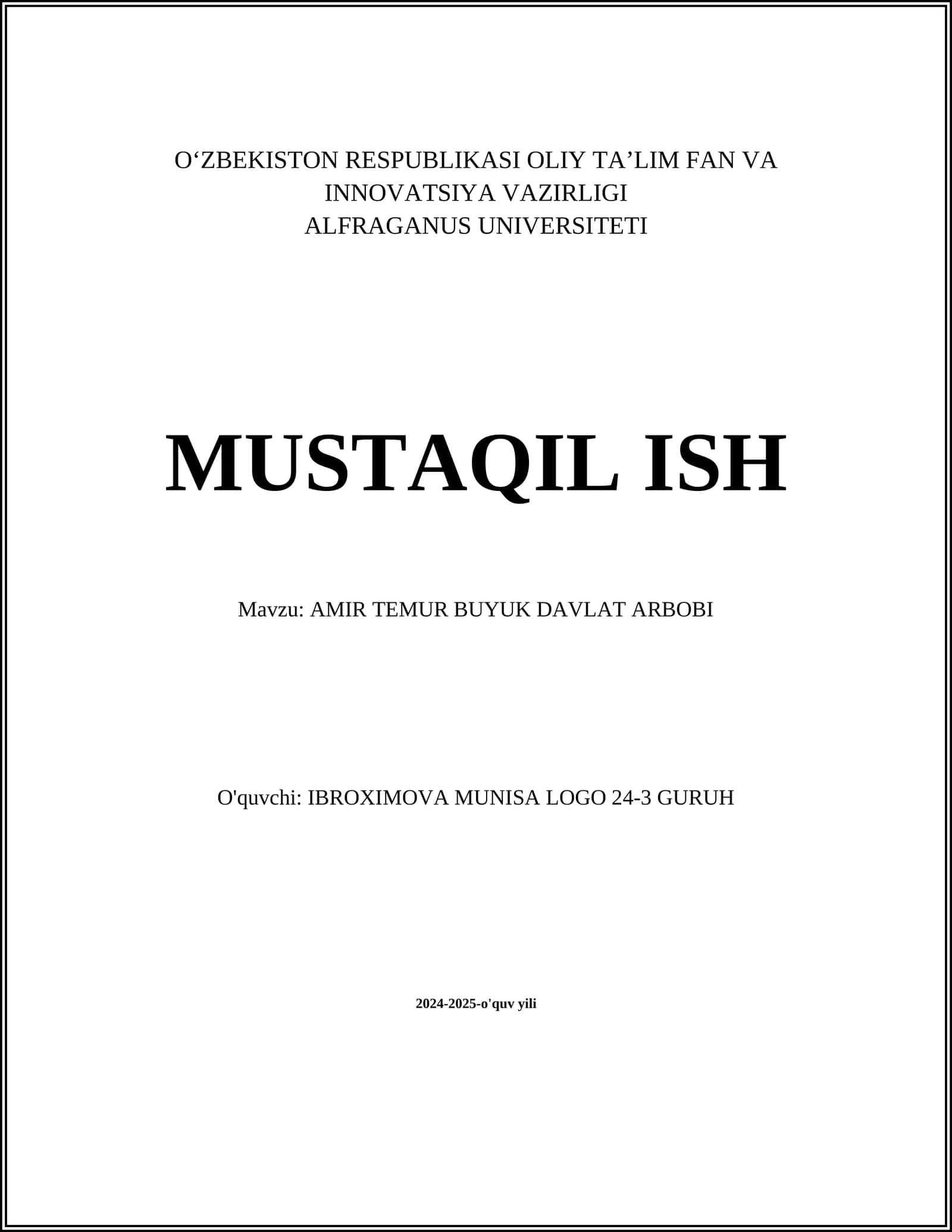 AMIR TEMUR BUYUK DAVLAT ARBOBI