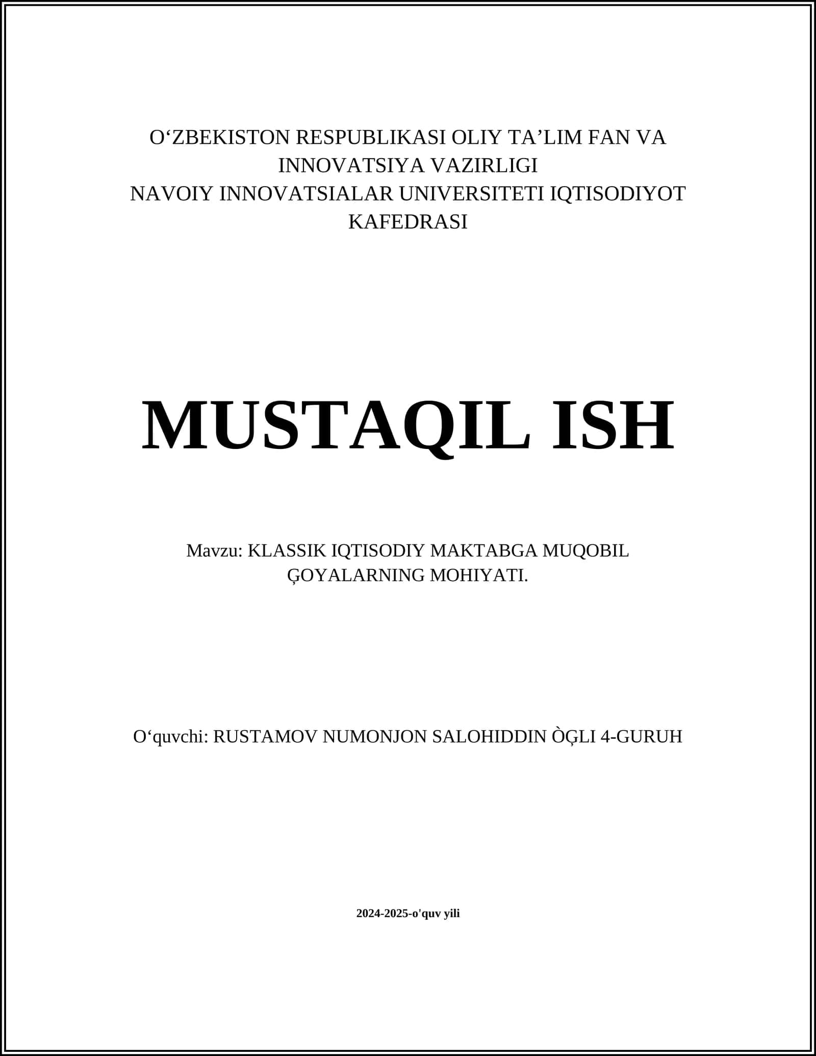 KLASSIK IQTISODIY MAKTABGA MUQOBIL ĢOYALARNING MOHIYATI