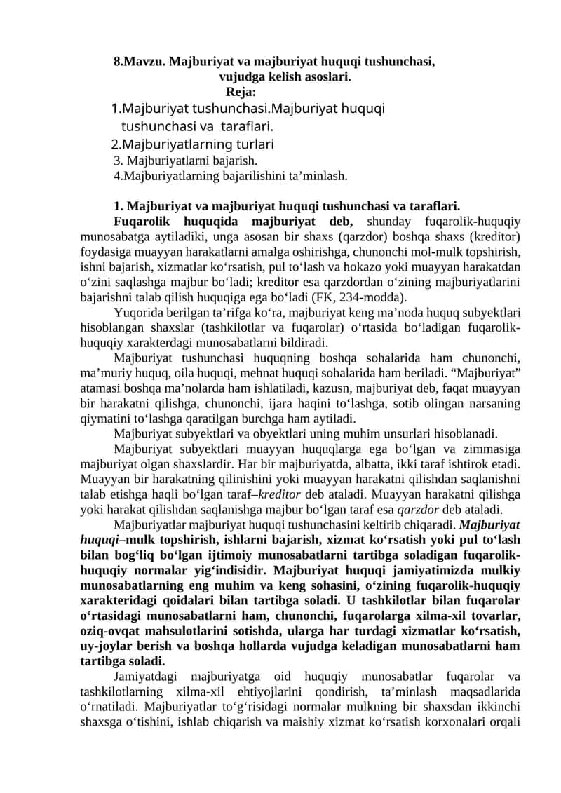 Majburiyat va majburiyat huquqi tushunchasi