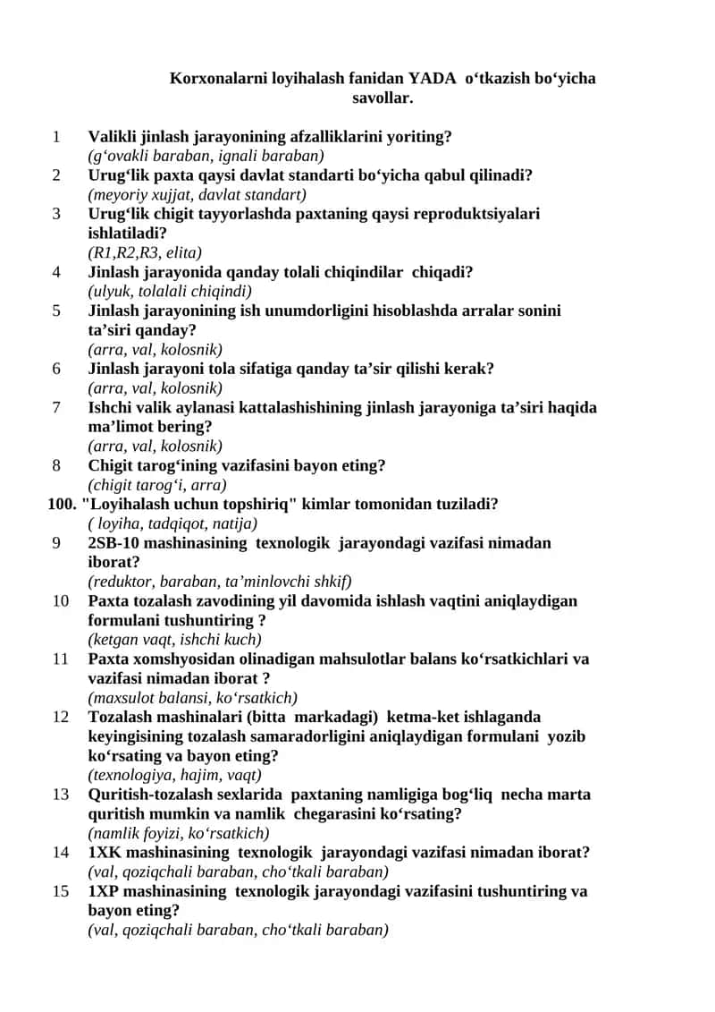 Korxonalarni loyihalash fanidan YADA o‘tkazish bo‘yicha savollar