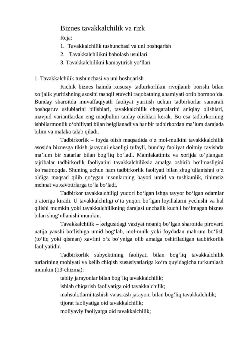 Biznes tavakkalchilik va rizk