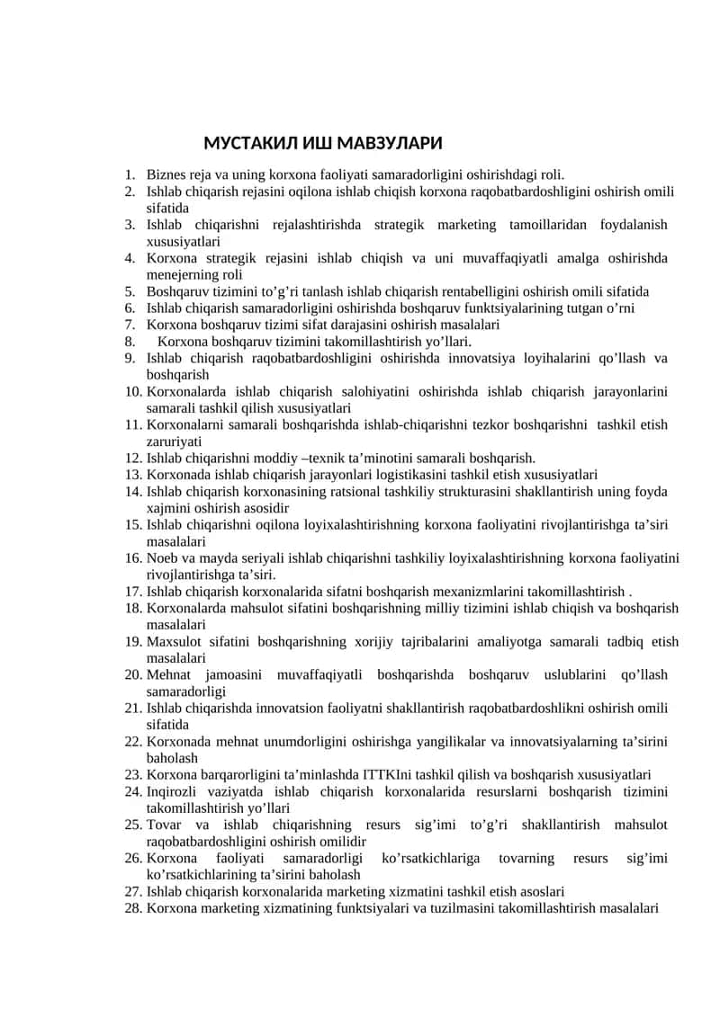 МУСТАКИЛ ИШ МАВЗУЛАРИ