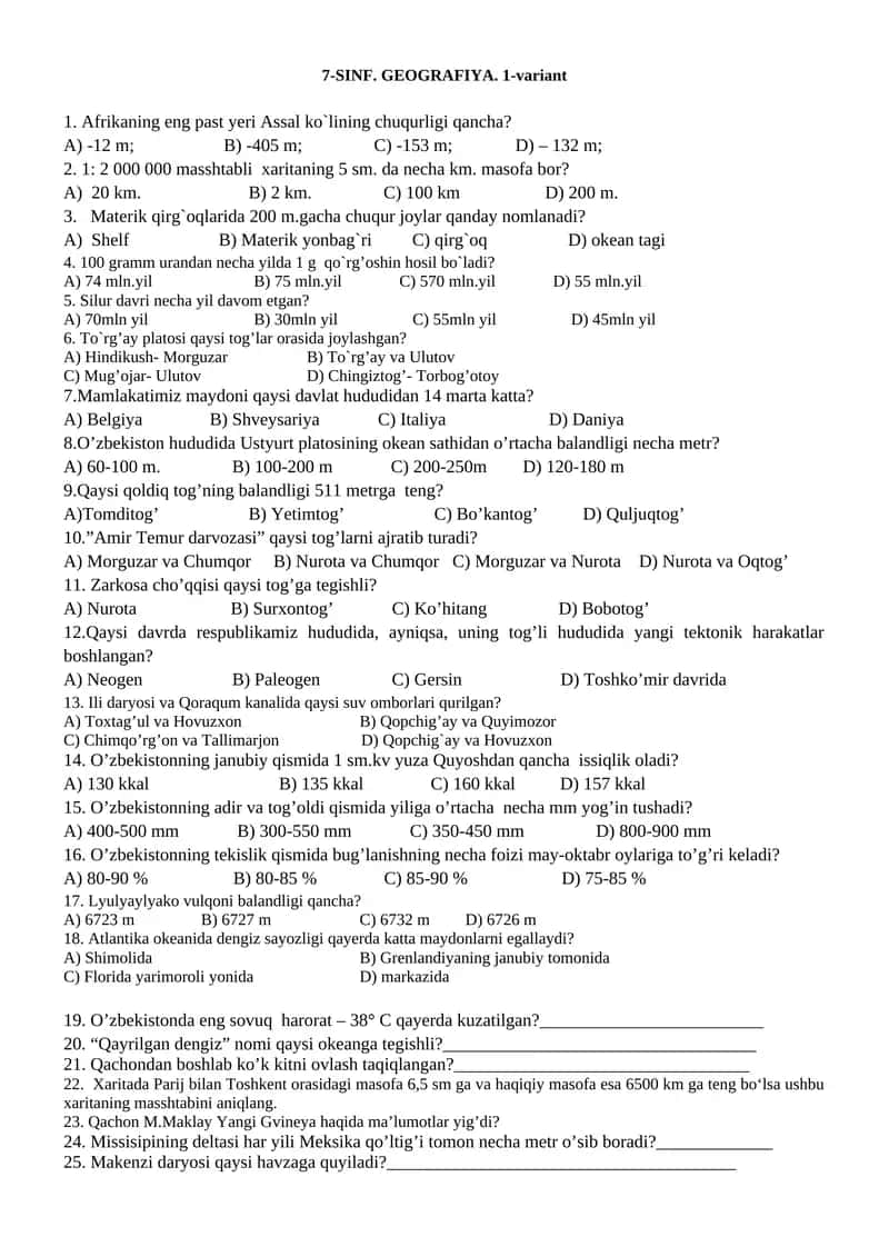 7-SINF. GEOGRAFIYA. 1-variant