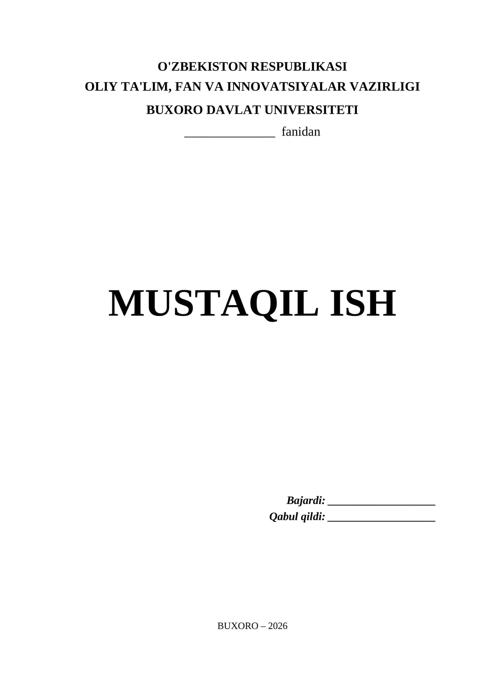Buxoro Davlat Universiteti Mustaqil Ish Titul Varaq (.docx)