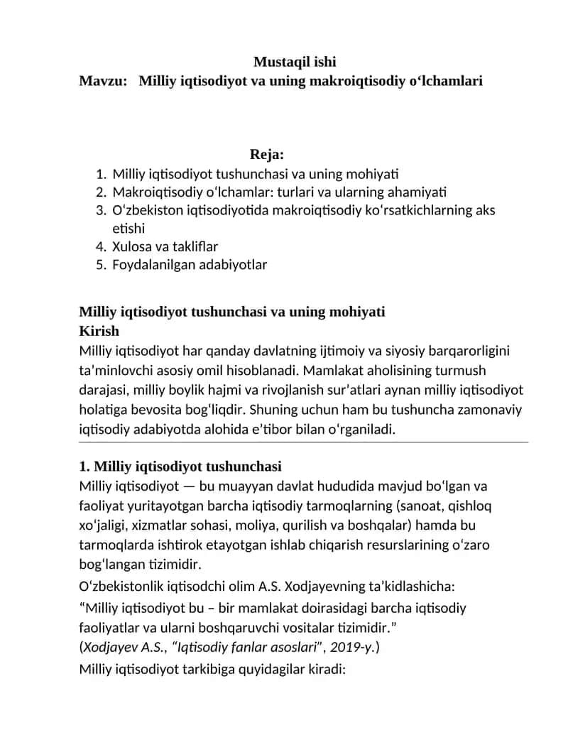 Milliy iqtisodiyot va uning makroiqtisodiy o‘lchamlari