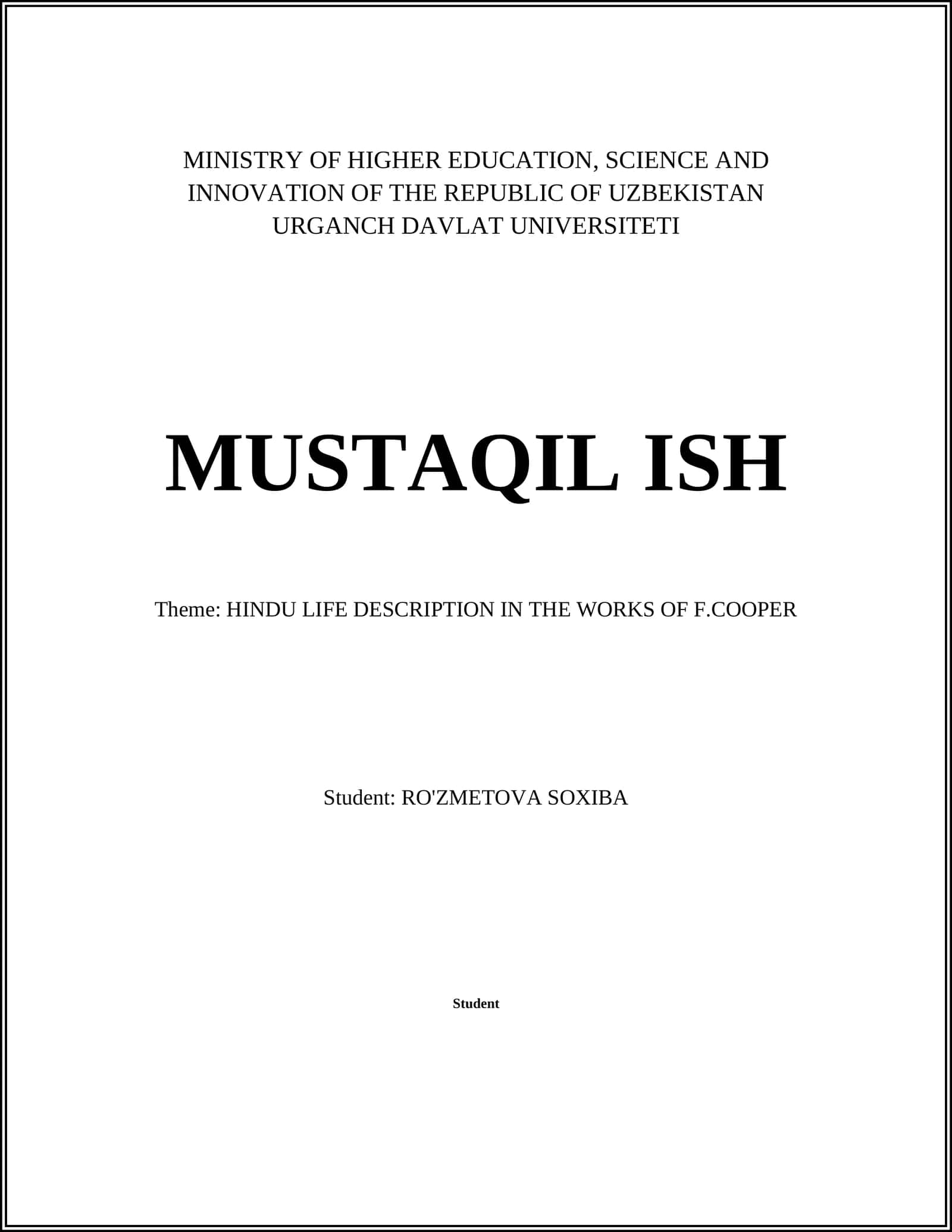 MUSTAQIL ISH Theme: HINDU LIFE DESCRIPTION IN THE WORKS OF F.COOPER