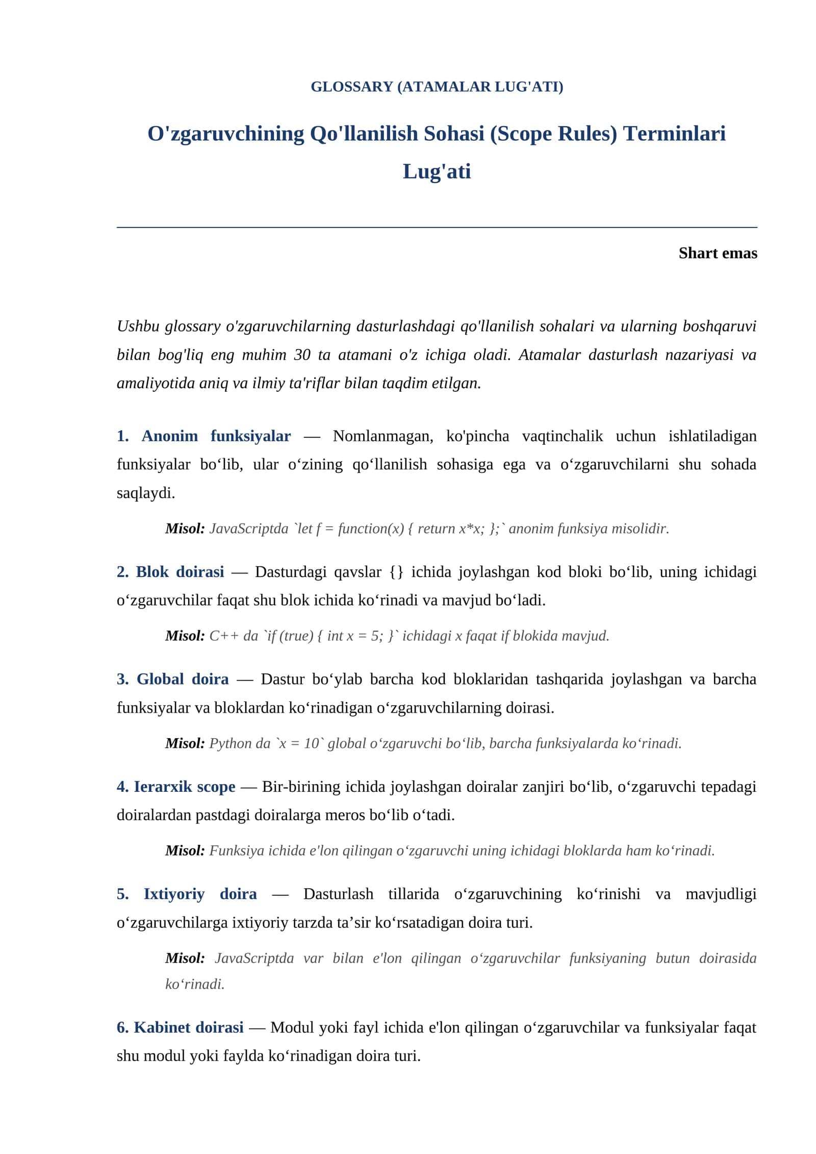 O'zgaruvchining Qo'llanilish Sohasi (Scope Rules) Terminlari Lug'ati