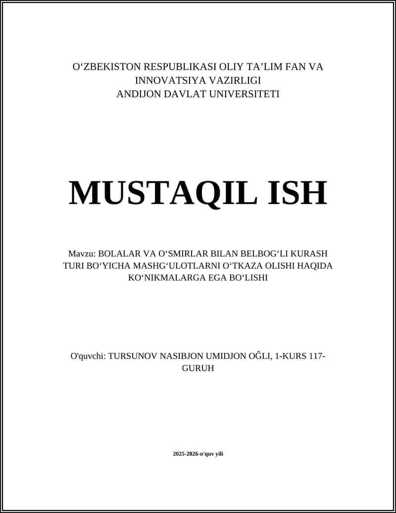 BOLALAR VA OʻSMIRLAR BILAN BELBOGʻLI KURASH TURI BOʻYICHA MASHGʻULOTLAR