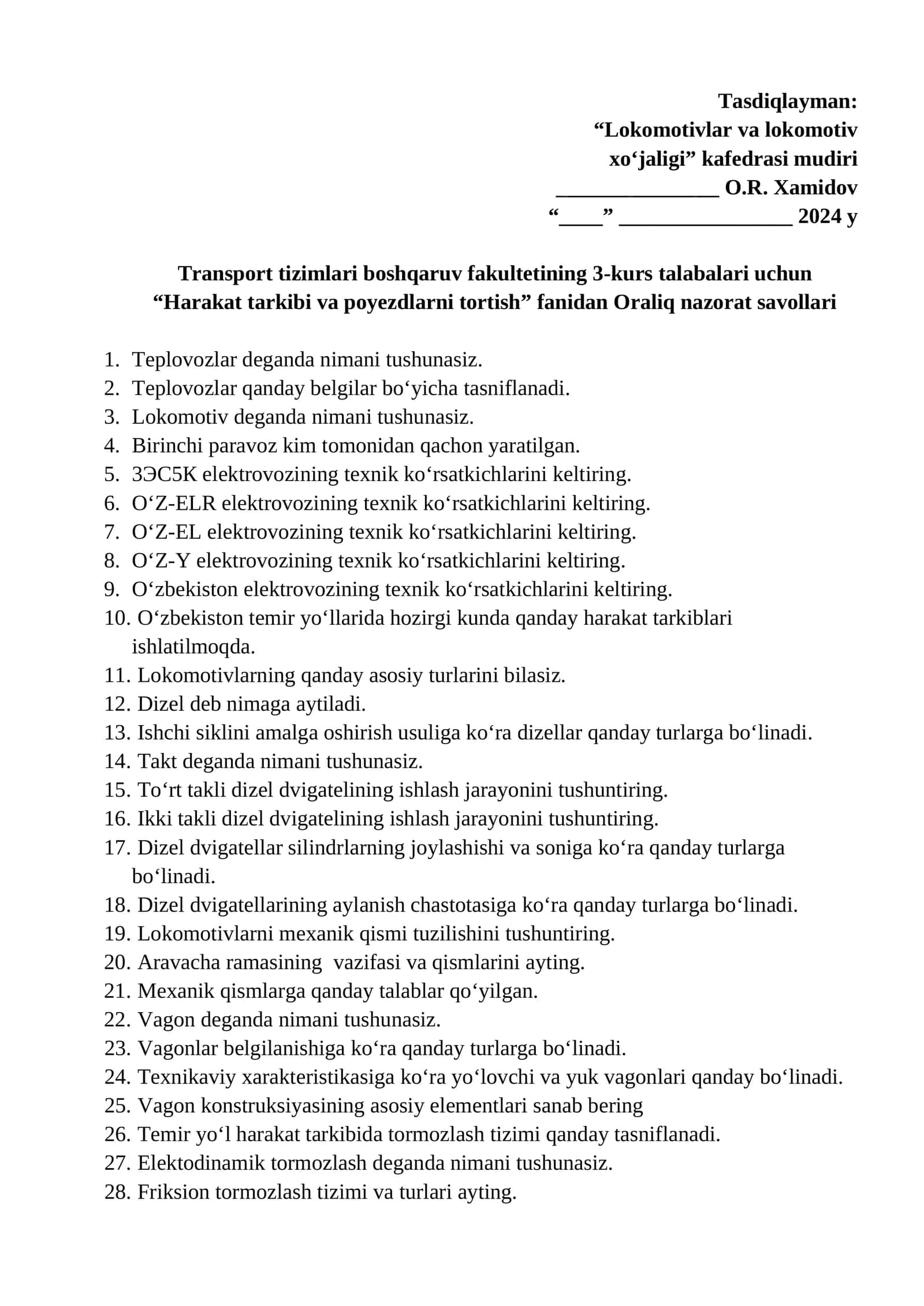 Harakat tarkibi va poyezdlarni tortish fanidan Oraliq nazorat savollari