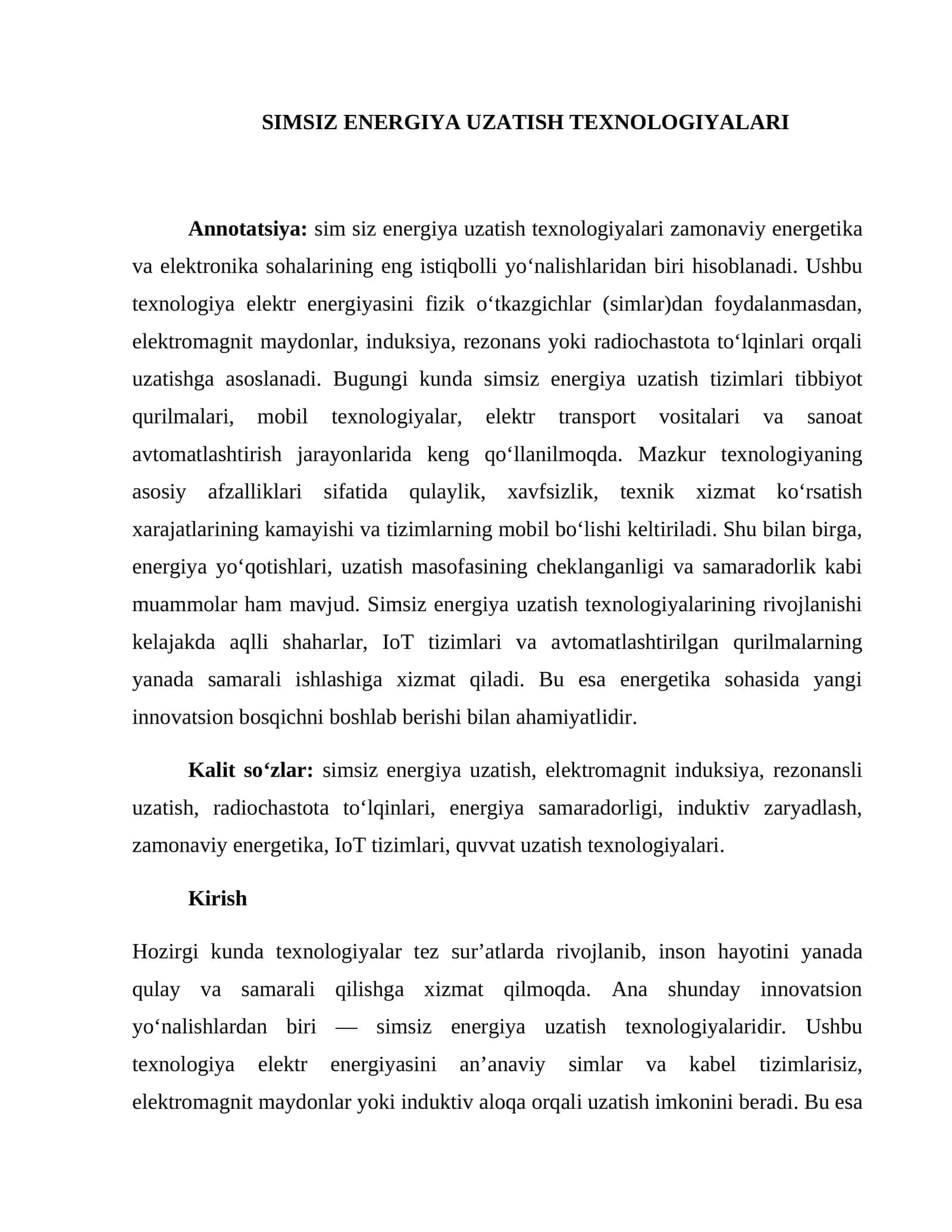 SIMSIZ ENERGIYA UZATISH TEXNOLOGIYALARI
