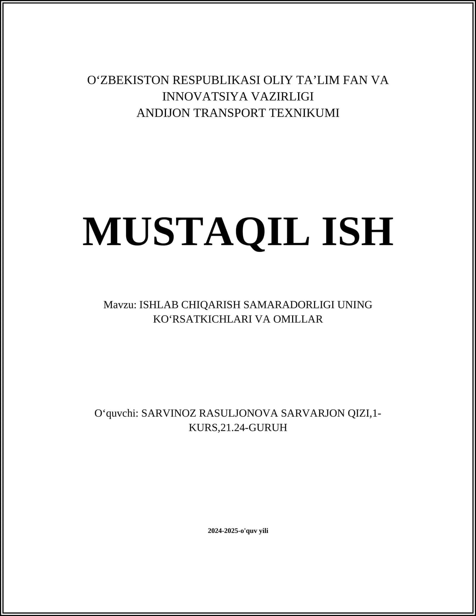 ISHLAB CHIQARISH SAMARADORLIGI UNING KOʻRSATKICHLARI VA OMILLAR
