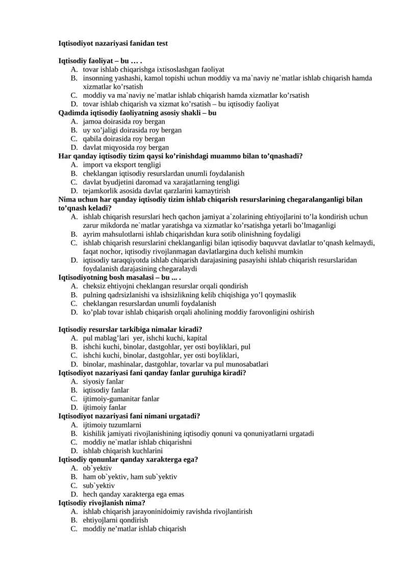 Iqtisodiyot nazariyasi fanidan test