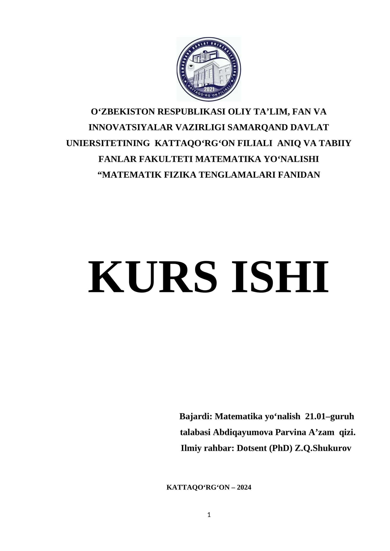 Matematik fizika tenglamalari fanidan kurs ishi