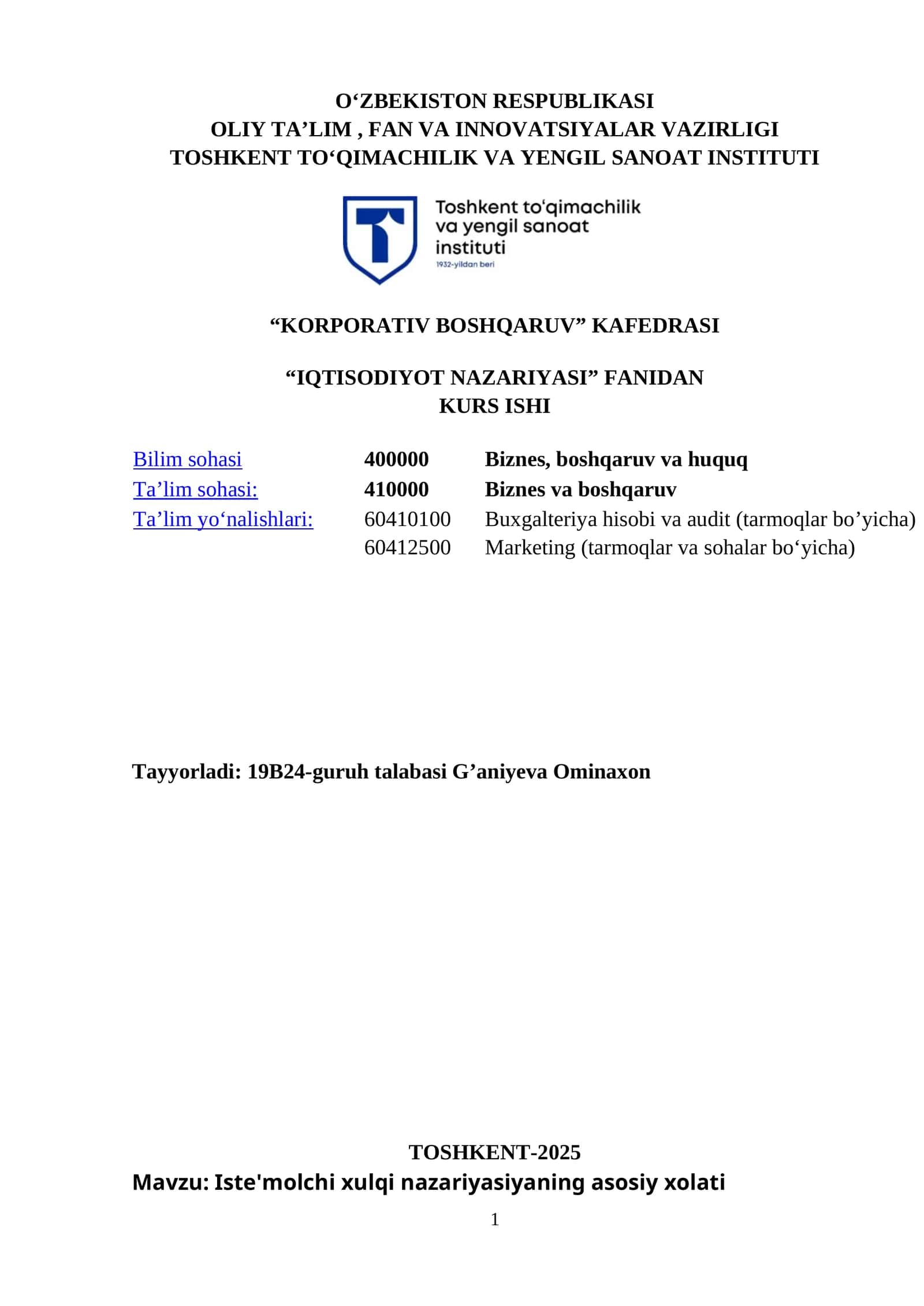 Iste'molchi xulqi nazariyasiyaning asosiy xolati
