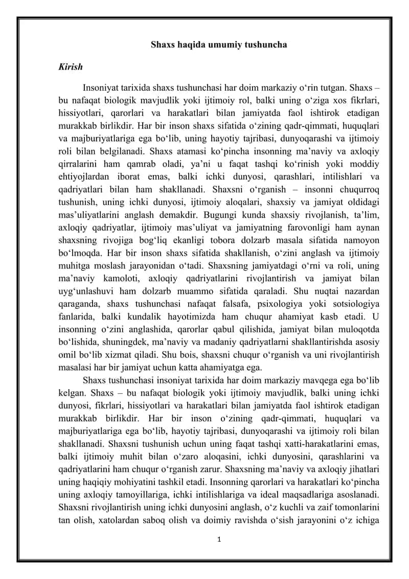 Shaxs Haqida Umumiy Tushuncha