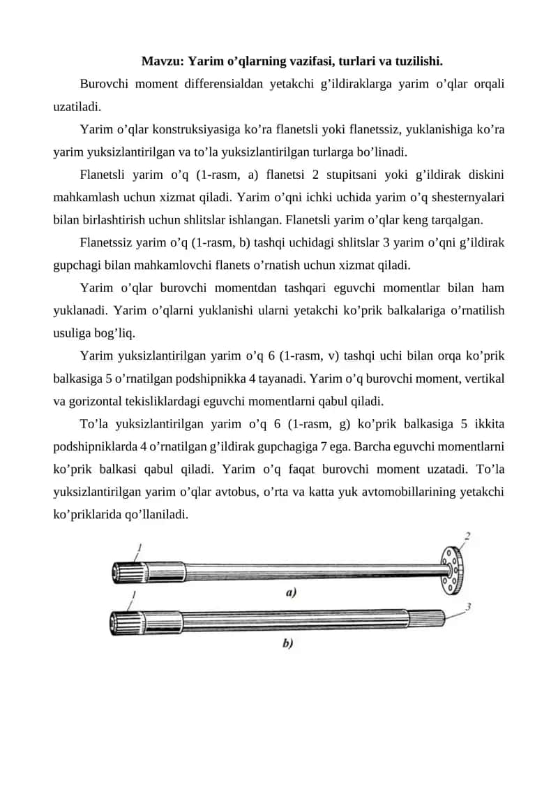Yarim o’qlarning vazifasi, turlari va tuzilishi.