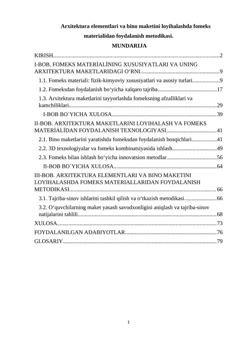 ARXITEKTURA ELEMENTLARI VA BINO MAKETINI LOYIHALASHDA FOMEKS MATERIALLARIDAN FOYDALANISH METODIKASI