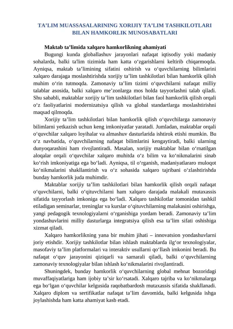 Xorijiy ta’lim tashkilotlari bilan hamkorlik munosabatlari