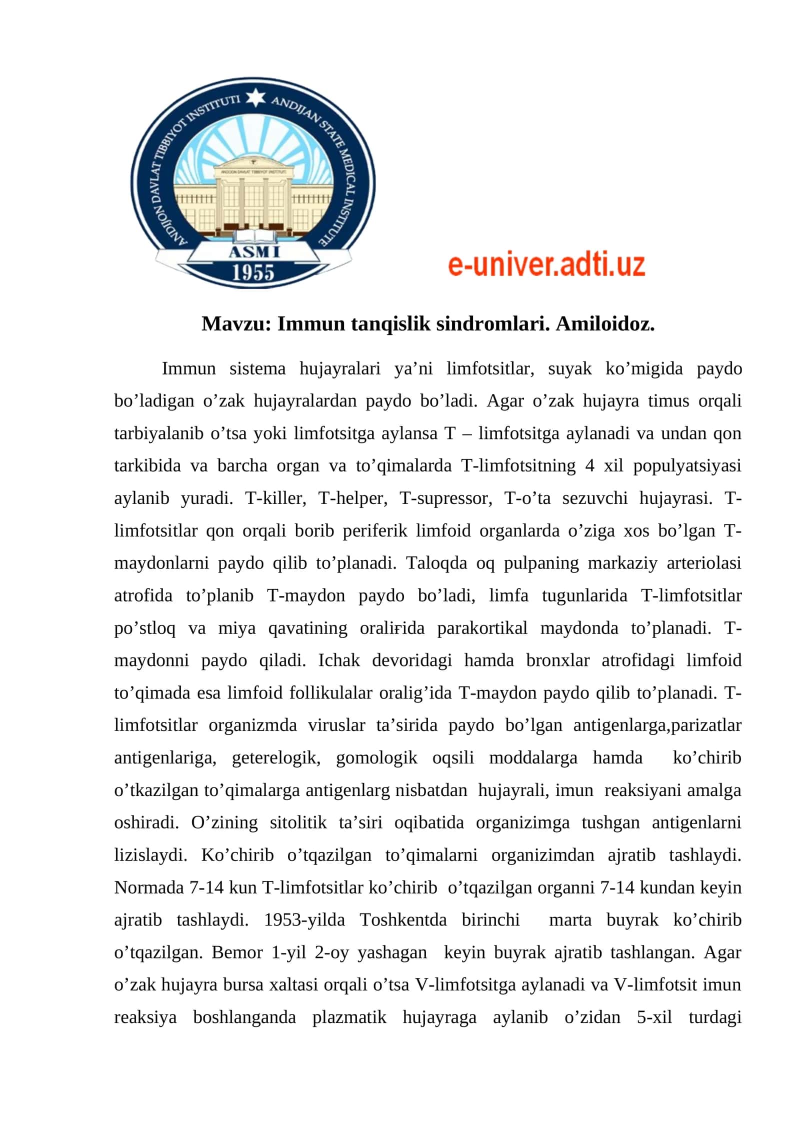 Immun tanqislik sindromlari. Amiloidoz