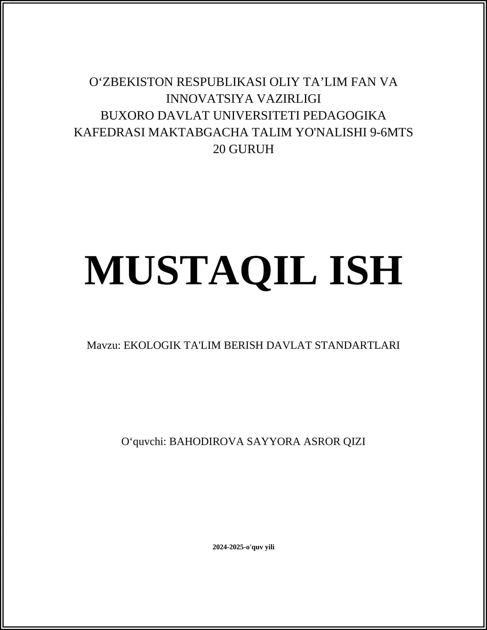 EKOLOGIK TA'LIM BERISH DAVLAT STANDARTLARI