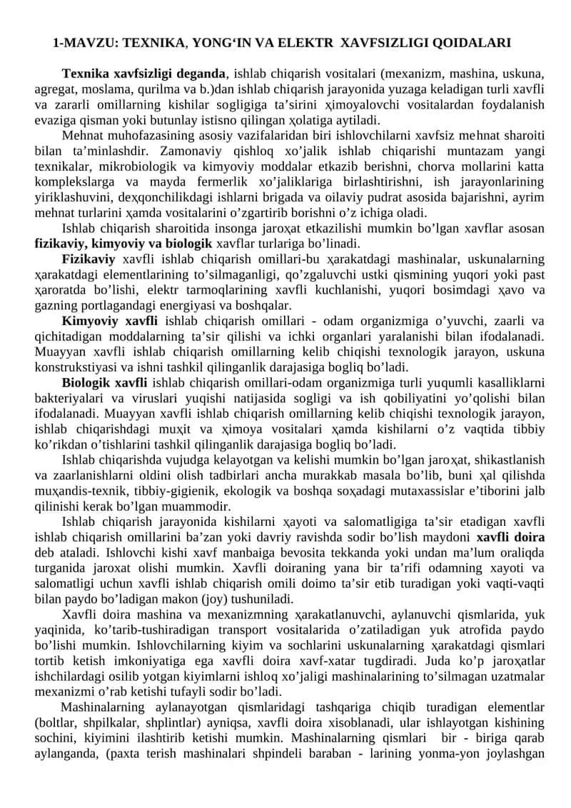 TEXNIKA, YONG‘IN VA ELEKTR XAVFSIZLIGI QOIDALARI